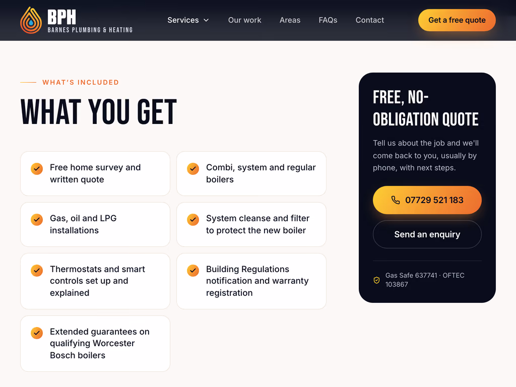 The boiler installation page, headed What you get, with seven included items ticked in flame orange beside a dark card offering a free, no-obligation quote and the phone number.