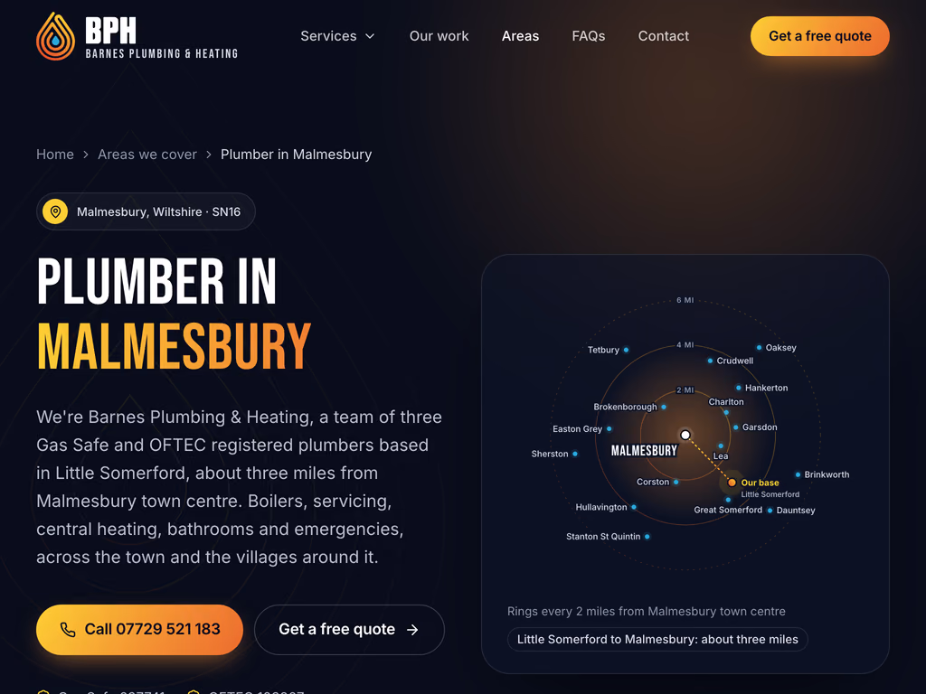 The Plumber in Malmesbury page, with a map of the surrounding villages in rings two miles apart and the team's base in Little Somerford marked in orange.