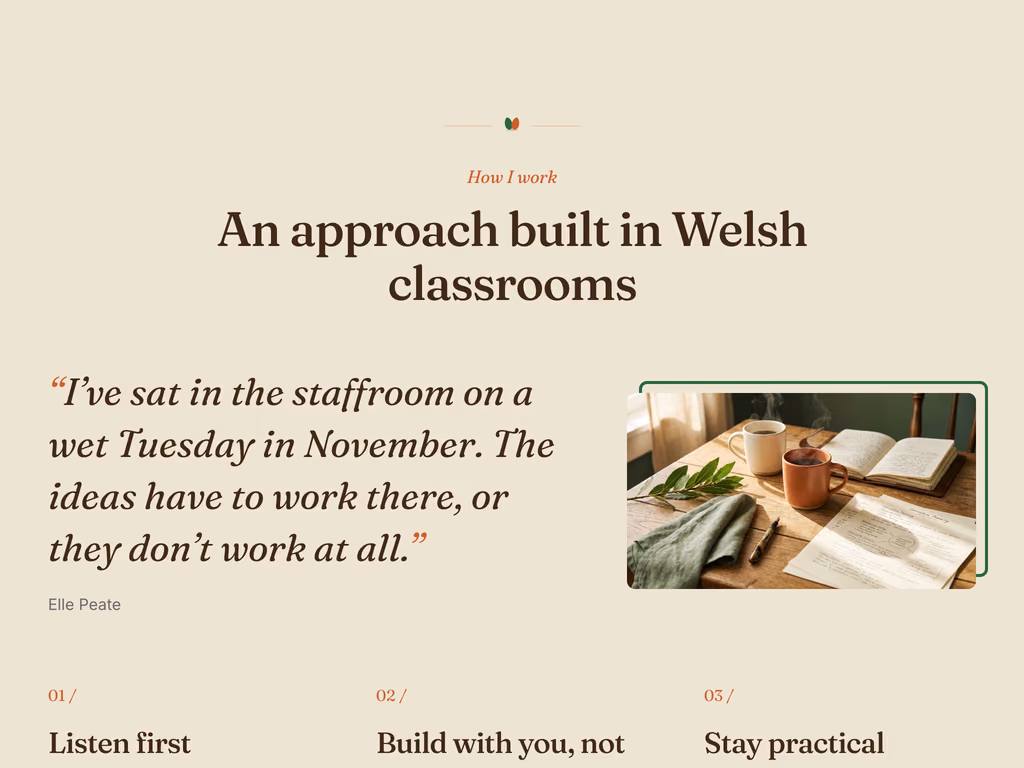Cultivate's approach section, headed An approach built in Welsh classrooms, beside a quote about a wet Tuesday in the staffroom.