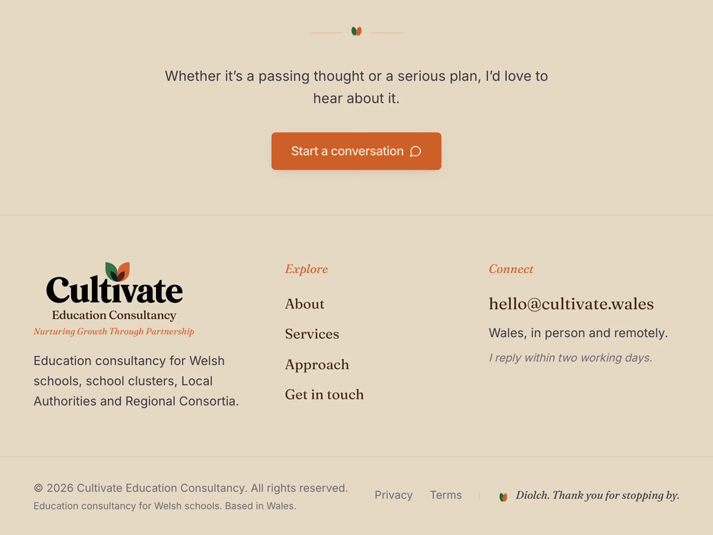 The foot of Cultivate's page: the sapling mark over the Cultivate wordmark, Education Consultancy and the line Nurturing growth through partnership.