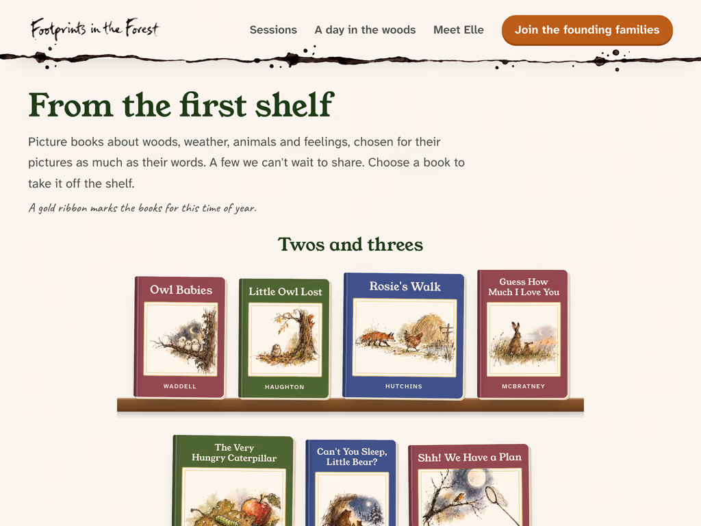 The From the first shelf section, with drawn covers of picture books for twos and threes, including Owl Babies, Little Owl Lost and Rosie's Walk, standing on a wooden shelf.