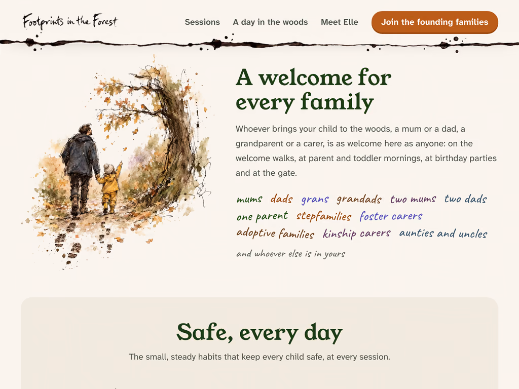 The team page, headed A welcome for every family, beside a pen-and-wash drawing of a grown-up and a small child in yellow waterproofs walking hand in hand through autumn woods, with family names handwritten below.