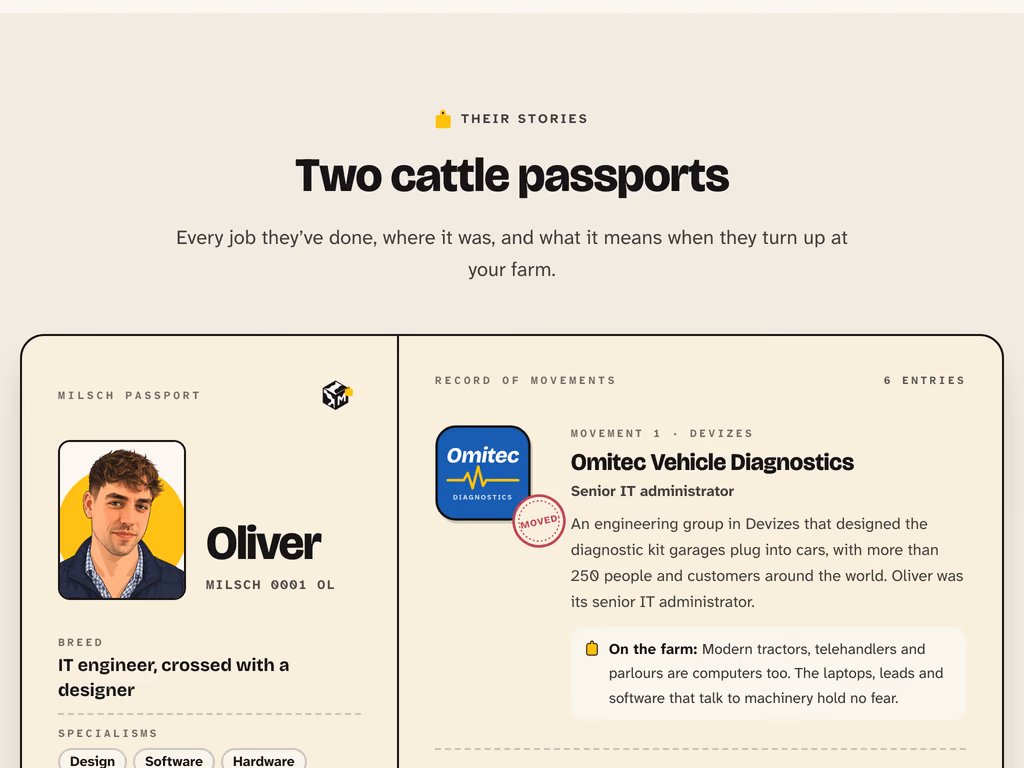The About page, headed Two cattle passports: Oliver's passport open, with his portrait, the ear tag MILSCH 0001 OL and the breed IT engineer, crossed with a designer, beside a record of movements that begins with Omitec Vehicle Diagnostics in Devizes.