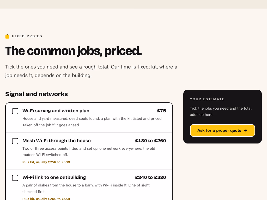 The prices page, headed The common jobs, priced, listing jobs such as a Wi-Fi survey, mesh Wi-Fi through the house and a Wi-Fi link to one outbuilding, each with a price and a line on what it covers.