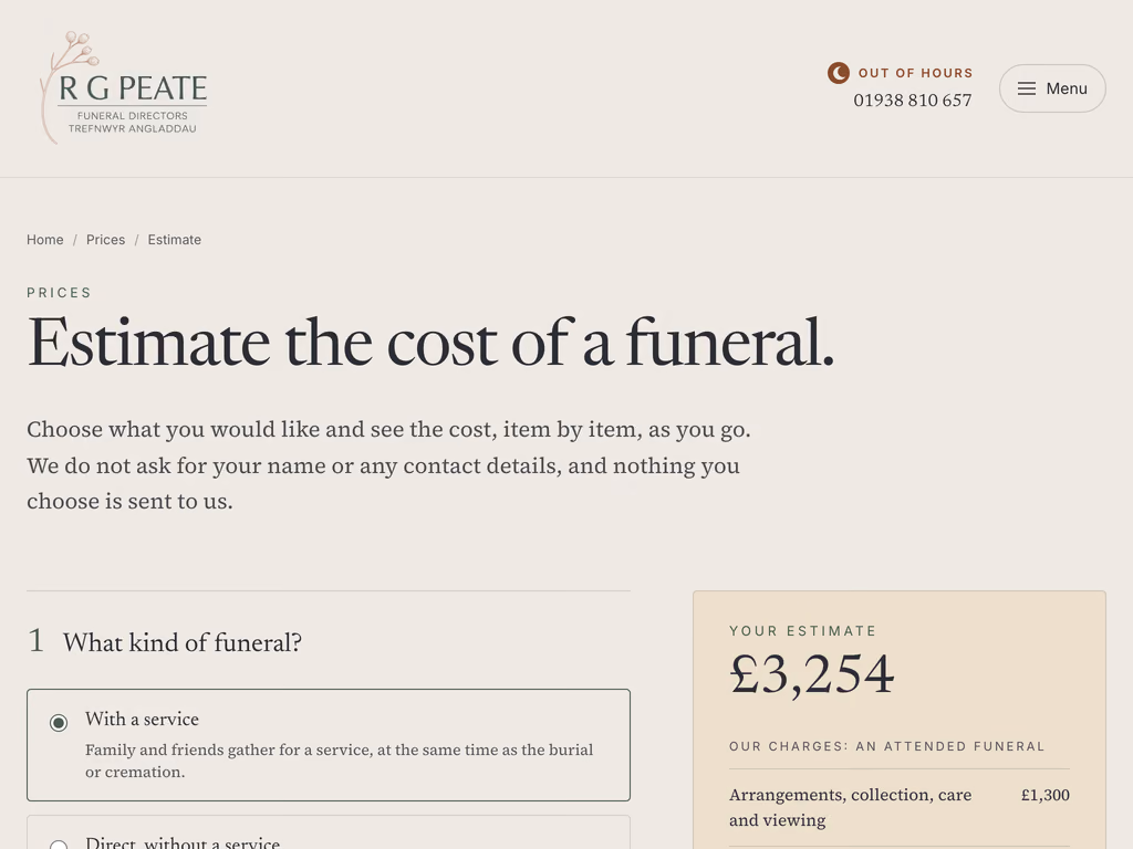 The Estimate the cost of a funeral page, asking What kind of funeral? with a service chosen, beside a running estimate of £3,254 that begins with arrangements, collection, care and viewing at £1,300.