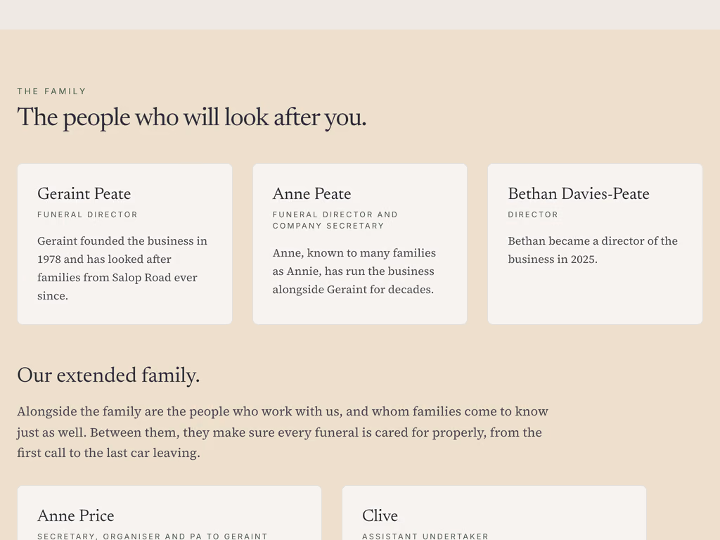 The about page, headed The people who will look after you, with cards for Geraint Peate, Anne Peate and Bethan Davies-Peate, and the extended family below them.
