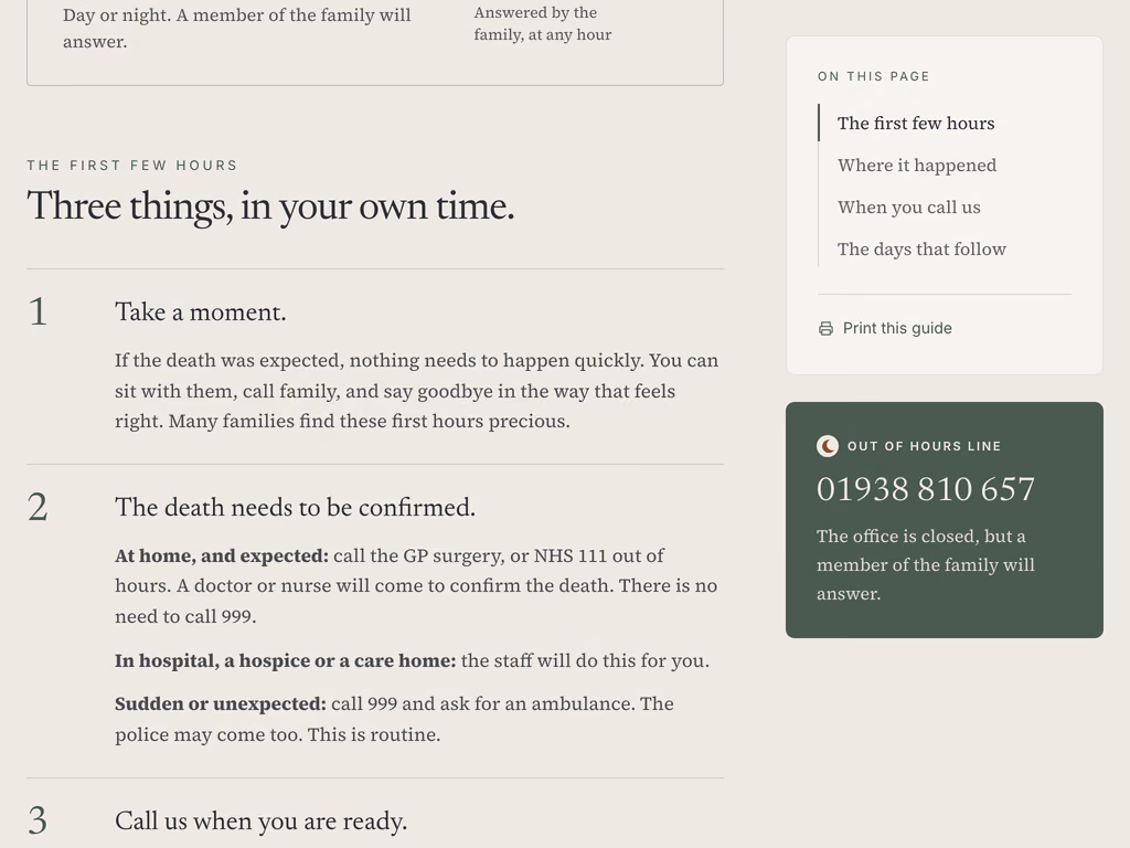 The guide to what to do when someone dies, headed Three things, in your own time, with numbered steps beside a moss green card giving the out of hours line, answered by a member of the family.