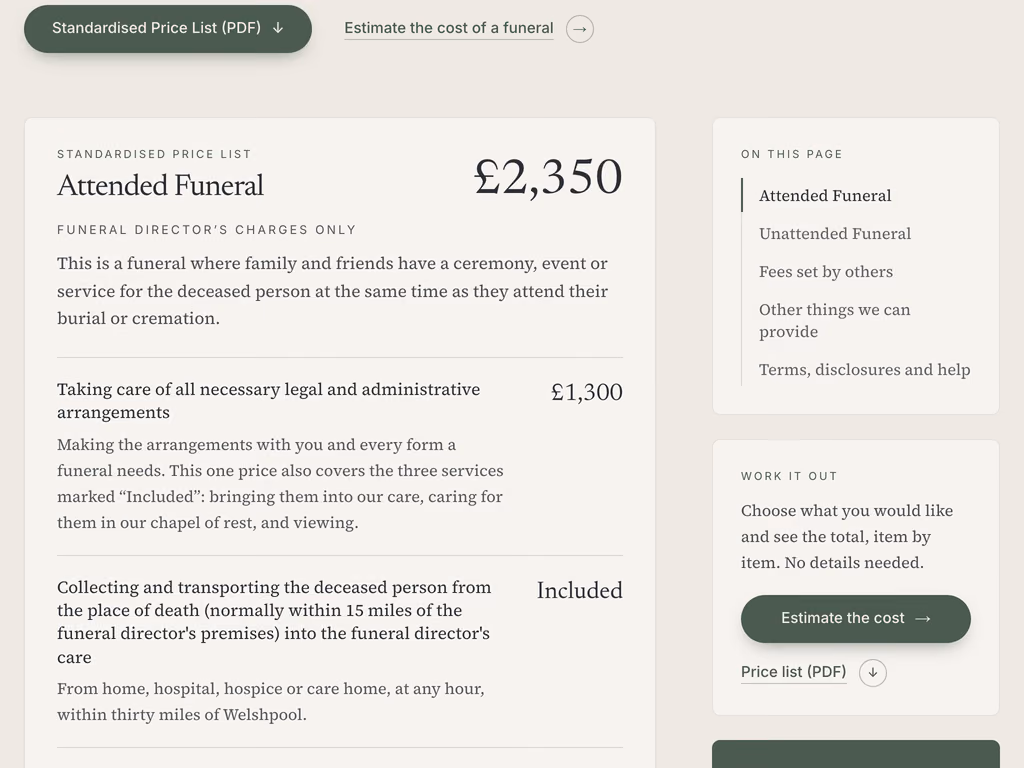 R G Peate's prices page: the attended funeral at £2,350, its lines in the CMA's wording, starting with the legal and administrative arrangements at £1,300, beside a box offering to estimate the cost.